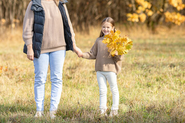 Cropped mother and daughter walking holding hands at park. They are wearing warm clothes, main...