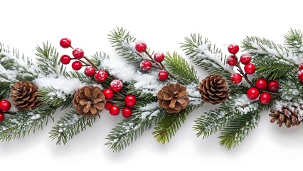 Christmas garland with pine cones and red berries covered in snow