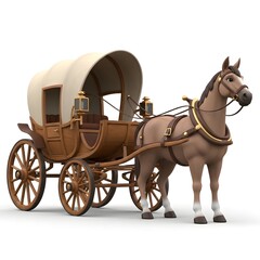 Fototapeta premium Animated Horse with Antique Wooden Carriage on White Background