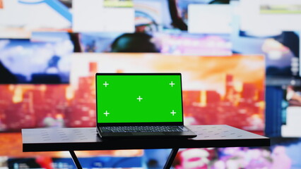 PC screen shows copy space next to social media user interface platforms, visual representation of global communication and the modern world. Empty space for online connection. Camera A.