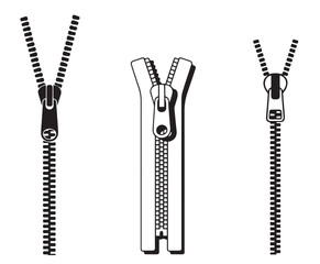 Black and white illustrations of three different zippered closures isolated on white background © Mehedy