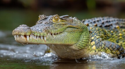 Fototapeta premium A crocodile is partially submerged in shallow water amid green vegetation, displaying its sharp teeth and vibrant skin while droplets splash around it.