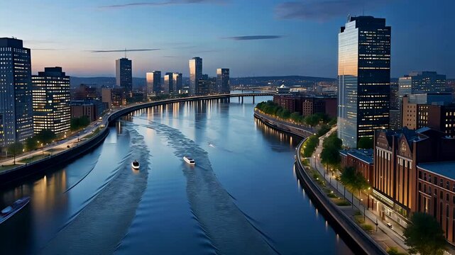 River winding through modern city skyline with high-rise buildings and boats during peaceful sunset evening