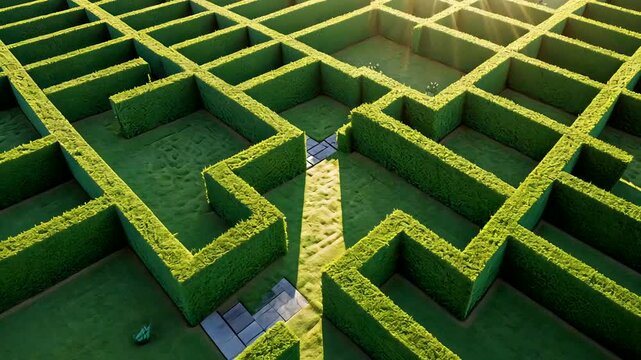 High-angle aerial view of large green hedge maze with visible paths and geometric pattern in daylight