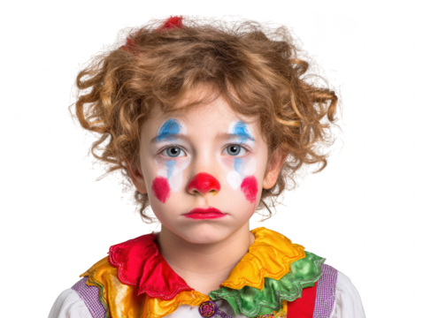 Portrait of a sad child with curly hair in a colorful clown costume. The little boy has a disappointed expression with face paint and makeup.