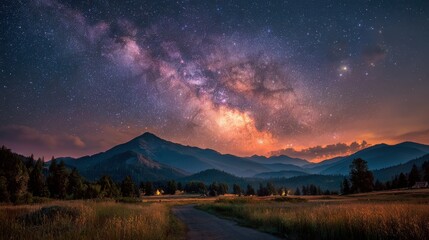 Fototapeta premium Bright stars fill the night sky, creating a stunning view of the Milky Way over a peaceful mountain range. A winding path leads through fields under the celestial display.