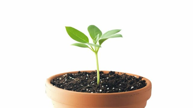 Small plant in terra cotta pot, isolated against a white background.
