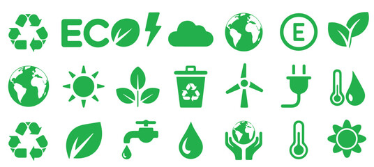 Green eco friendly icons representing environmental protection and sustainable practices