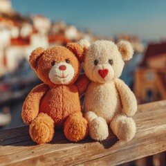 Obraz premium Two colorful toy bears sit together on a wooden railing, basking in the sunlight with a charming waterfront and buildings in the background. The peaceful atmosphere is inviting.
