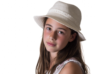 Portrait of a young girl with long brown hair wearing a white straw hat with a ribbon, isolated on a white background