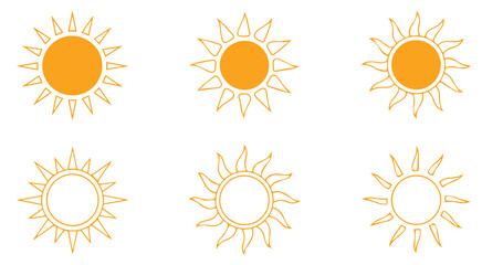 Six stylized vector sun designs in varying styles and outlines for graphic design projects