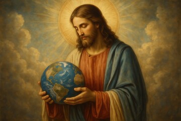 Naklejka premium Divine Christ Holding Earth with Sacred Religious Art and Christian Spirituality