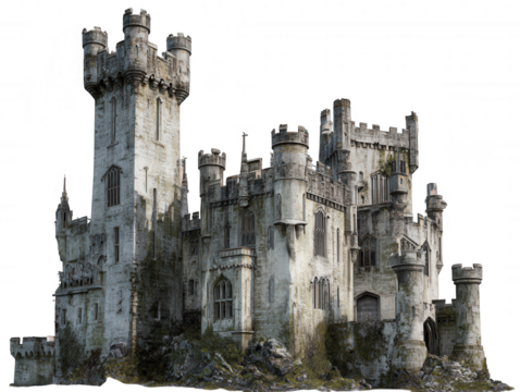 Majestic Stone Castle with Towering Spires and Gothic Architecture on a Rocky Outcrop