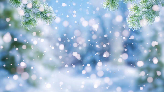 Snowflakes softly fall in a tranquil winter setting, with evergreen branches framing the scene. Cool tones create a peaceful atmosphere