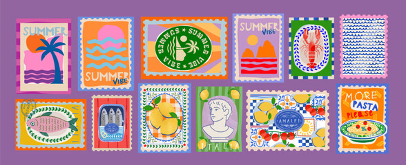 Naklejka na ściany i meble Italian summer mediterranean trendy postage stamps. Vector illustration of beach, waves doodle, canned sardine, antique bust, lobster, fish, pasta, nautical seal, sea and ocean for icons and stickers