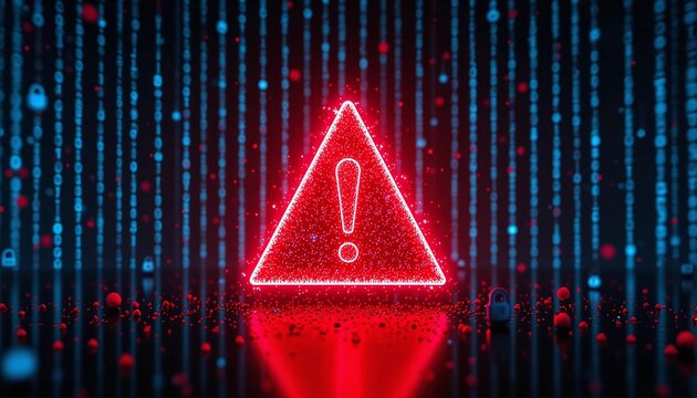 A red neon exclamation point in a triangle warns of cybersecurity threats against a digital data stream