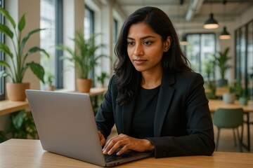 Professional South Asian tech entrepreneur focused on laptop computer in modern coworking space environment
