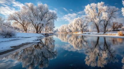 A serene winter landscape features frost-covered trees lining a calm river. The bright blue sky and fluffy clouds complement the tranquil reflections in the water.