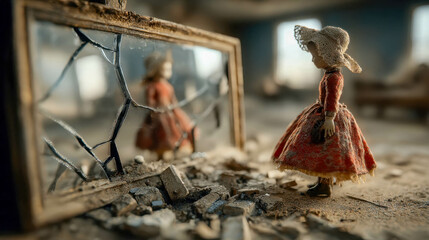 Broken mirror reflecting a doll with no room visible, eerie surreal atmosphere, horror concept