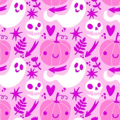 Autumn harvest vegetable seamless monster Halloween pumpkins pattern for wrapping paper and fabrics