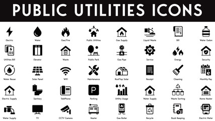Public Utilities Icons set vector illustration with collection of electric, water, gas, fire, liquid water, bill, elevator, public park, service, energy, security, solar panel, maintenance, receipt.