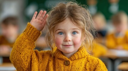 Fototapeta premium A young girl with curly hair in a cozy sweater raises her hand eagerly while seated at a desk in a classroom filled with attentive classmates. The room is bright and cheerful.