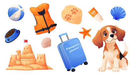 Vector Illustration of a Large Set Themed Around Sea Travel with Animals. Design of Beach Vacation Essentials with a Pet.