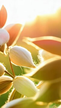 Abstract close-up of Sacha Inchi pods, focusing on seeds and star-shaped structure, lit with golden sunlight, creating natural beauty and warm atmosphere.