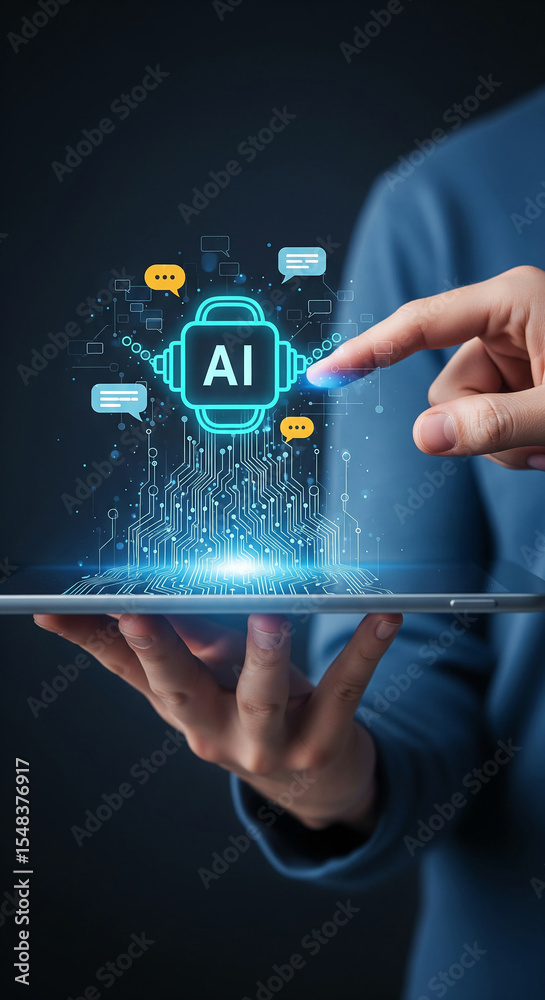 Poster hands hold tablet displaying ai robot icon with circuit board and chat bubbles, symbolizing artifici