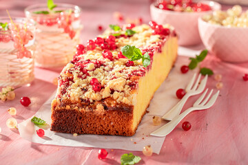 Homemade red currant yeast cake made of berry fruits.