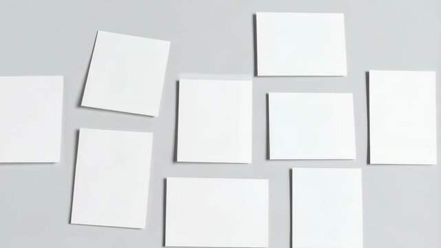 Arrangement of blank white cards spread on a gray background ready for mockup or presentation, clean simple design