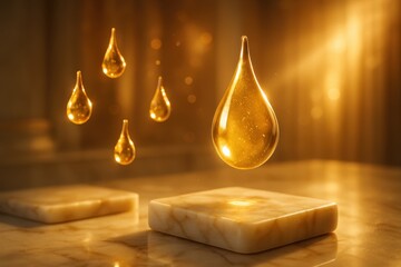 Glowing Skincare Serum Drops Floating In Mid-Air Against Luxury Spa Background With Golden Hour Lighting