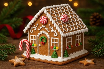 Handmade gingerbread house with festive decorations for traditional Christmas holiday celebration
