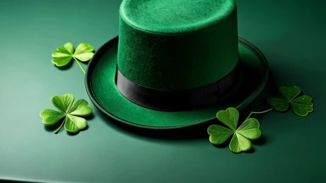 Charming composition of St. Patrick's Day: green velvet top hat with shamrocks against a matching green background for festive occasions