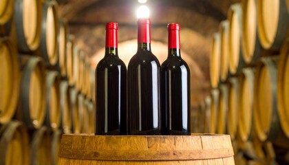 Three bottles of red wine with red caps stand on a barrel against a blurred backdrop of a wine cellar filled with wooden barrels.