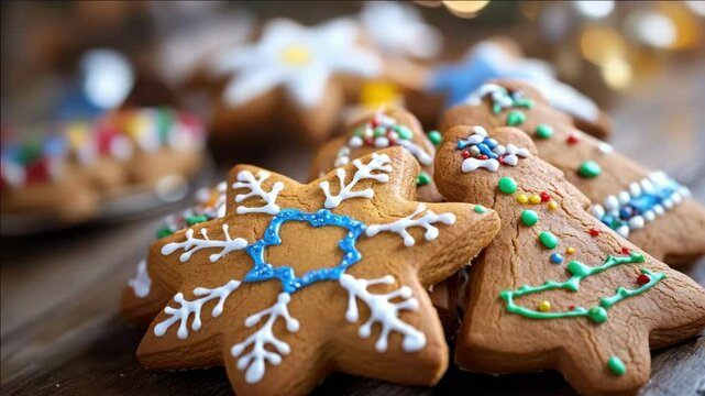Decorated cookies with festive icing and sugar in a stack on the table.
