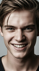 Obraz premium Close-up of young man's smiling face, showing light skin, brown hair, and white teeth, conveying joy and happiness. A portrait showcasing positive emotions