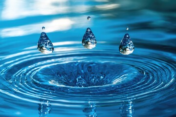 Water droplets impacting a surface, creating ripples