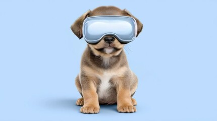 Adorable puppy wearing virtual reality headset isolated on solid blue background - Powered by Adobe