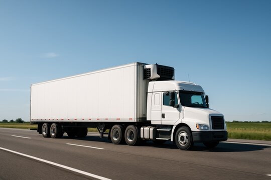 Fototapeta Refrigerated transport truck on highway carrying perishable goods with temperature-controlled cargo