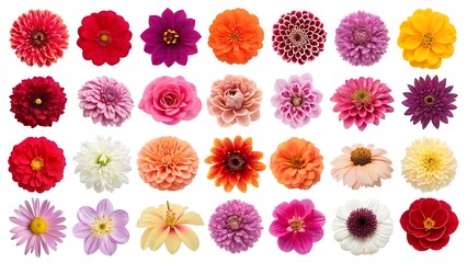 Collection of vibrant and diverse flowers in a grid layout on white background