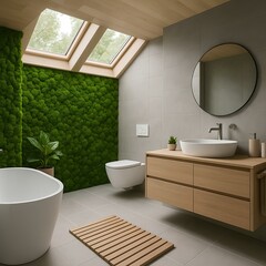 Modern bathroom with skylights, green moss wall, and eco-friendly design