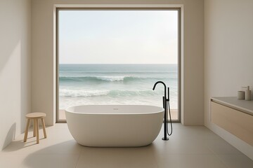 Bathroom interior with freestanding oval tub by the window, wave view, and minimalist design