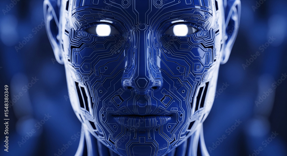 Poster Close-up of a robotic face, blue metallic texture with circuit patterns, glowing eyes, showcasing technological advancement and artificial intelligence