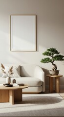 Serene Living Room: A meticulously curated living space, radiating a sense of tranquility and minimalist elegance, featuring a neutral palette, a bonsai tree, and a blank picture frame.