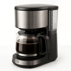 A modern black and stainless steel coffee maker brewing a fresh pot of coffee. The glass carafe is filled with rich, dark coffee.