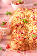Sweet red currant yeast cake made of berry fruits.