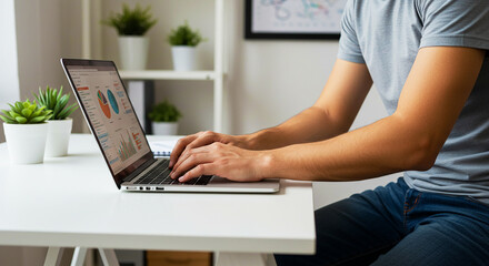 Naklejka premium Man typing on laptop with charts displayed on screen at a white desk in a bright office space near plants