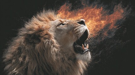 Naklejka premium Fierce lion roaring with flames