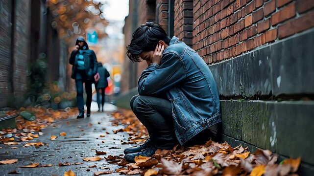Sad young teen sitting alone in urban alley with fallen autumn leaves and people walking in background